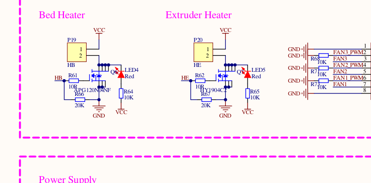 Real schematic — bed and extruder heater circuits