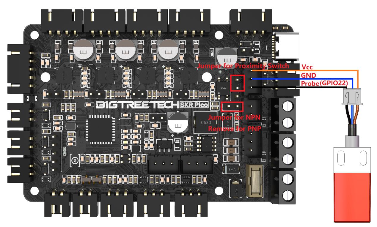 Real illustration — proximity switch wiring with NPN/PNP jumper settings