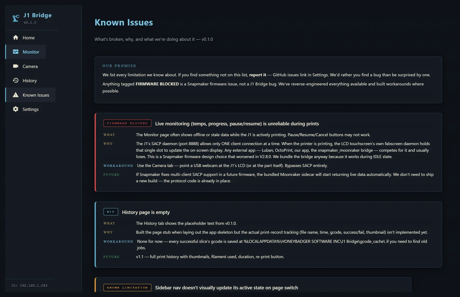 J1 Bridge Known Issues tab listing every limitation honestly
